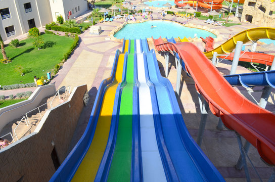 Descent On The Water Slide In Aqua Park. View From Above