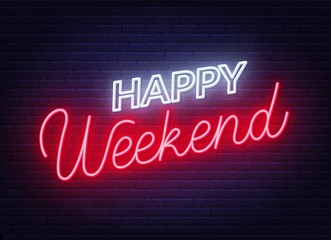 Obraz premium Happy weekend neon sign. Greeting card on dark background.