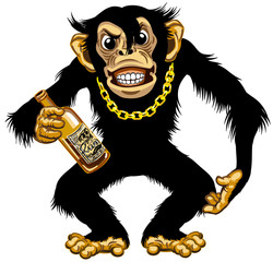 cartoon chimpanzee great ape with golden chain on the neck and holding empty bottle of rum. Aggressive chimp monkey after drinking alcohol. Standing dangerous pose. Isolated vector illustration © insima