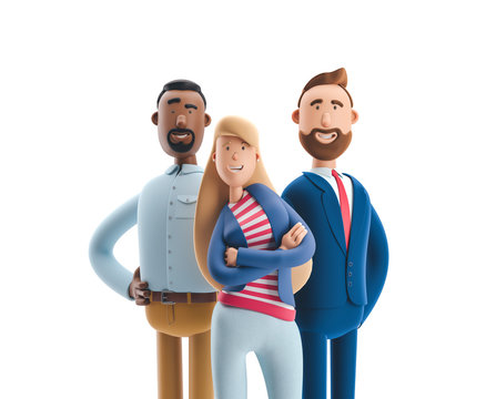 3d illustration. Group of happy business people standing on a white background. Stanley, Emma and Billy.