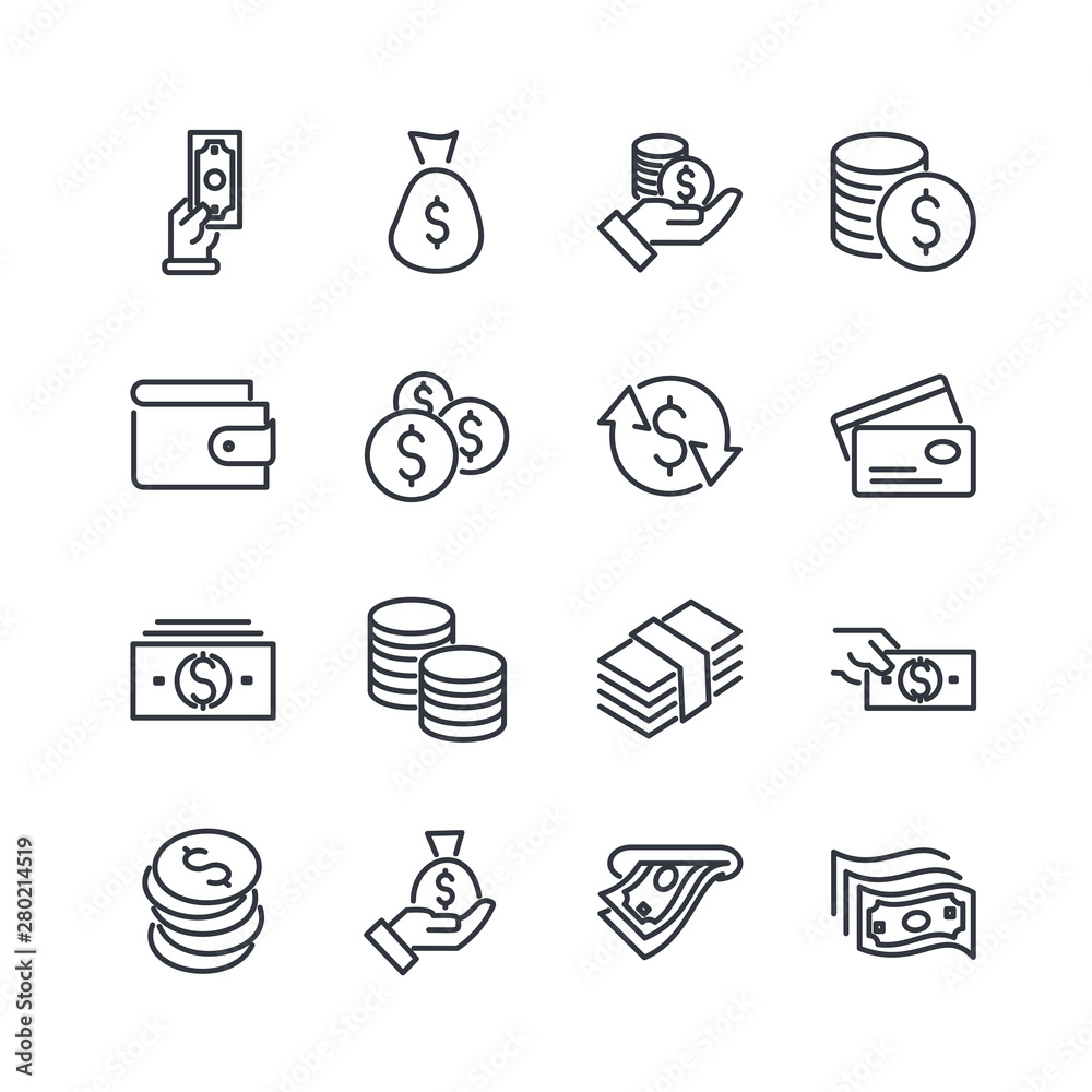Poster simple of money related vector line icons set. wallet, atm, bundle of money, hand with a coin and mo