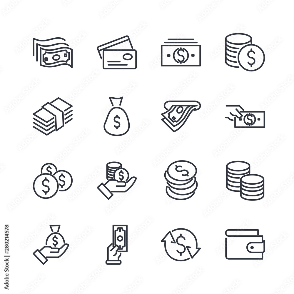 Aufkleber Simple of Money Related Vector Line Icons Set. Wallet, ATM, Bundle of Money, Hand with a Coin and more symbol. Editable Stroke.