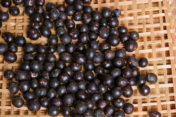 Suco, fruto e semente de açai com farinha de tapioca e farinha d´'água.