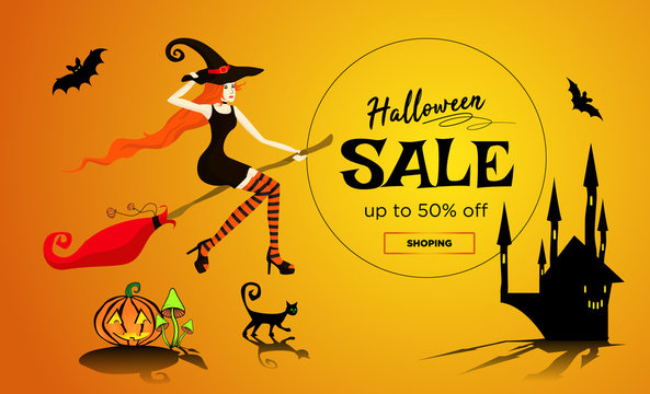 Halloween sale promotion poster, banner with a beautiful redhair witch flying on a broomstick, a black cat and dark castle