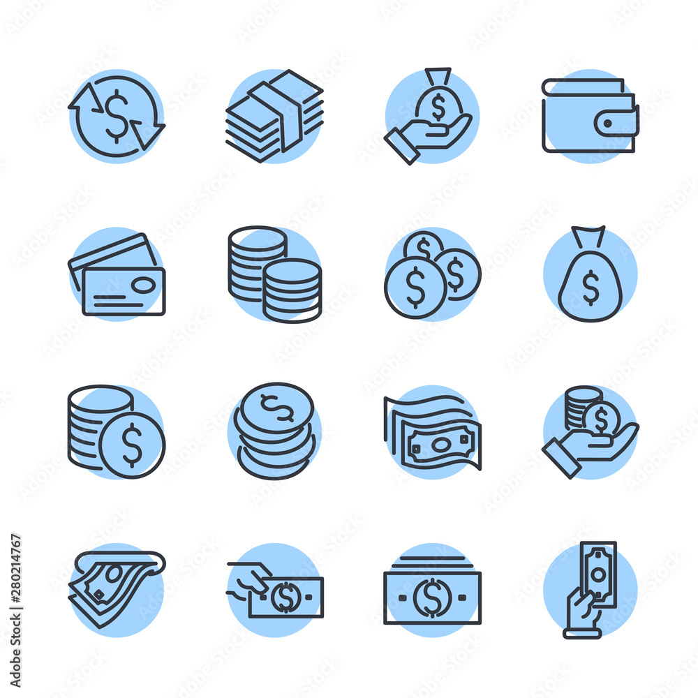 Poster simple of money related vector line icons set. wallet, atm, bundle of money, hand with a coin and mo