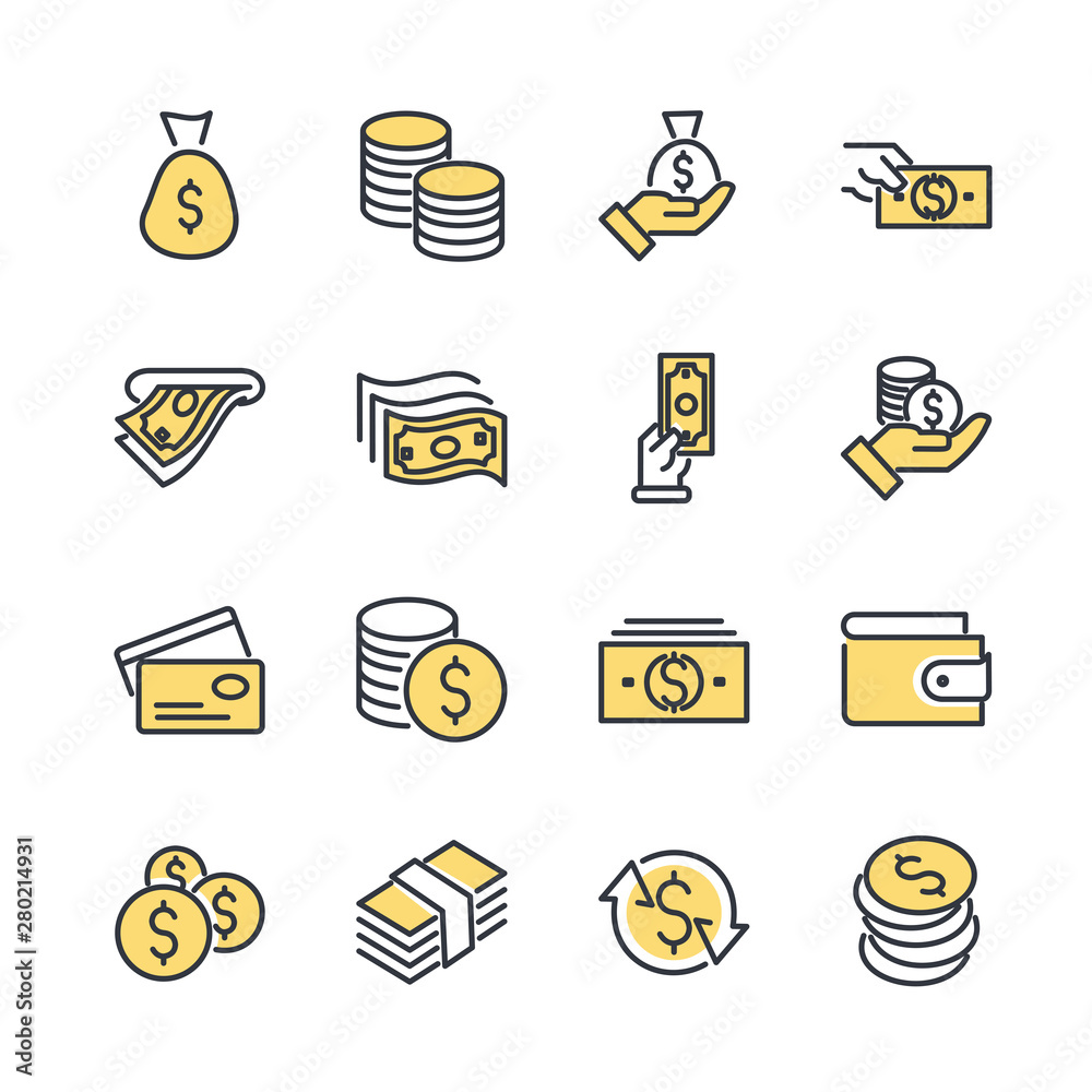 Poster simple of money related vector line icons set. wallet, atm, bundle of money, hand with a coin and mo