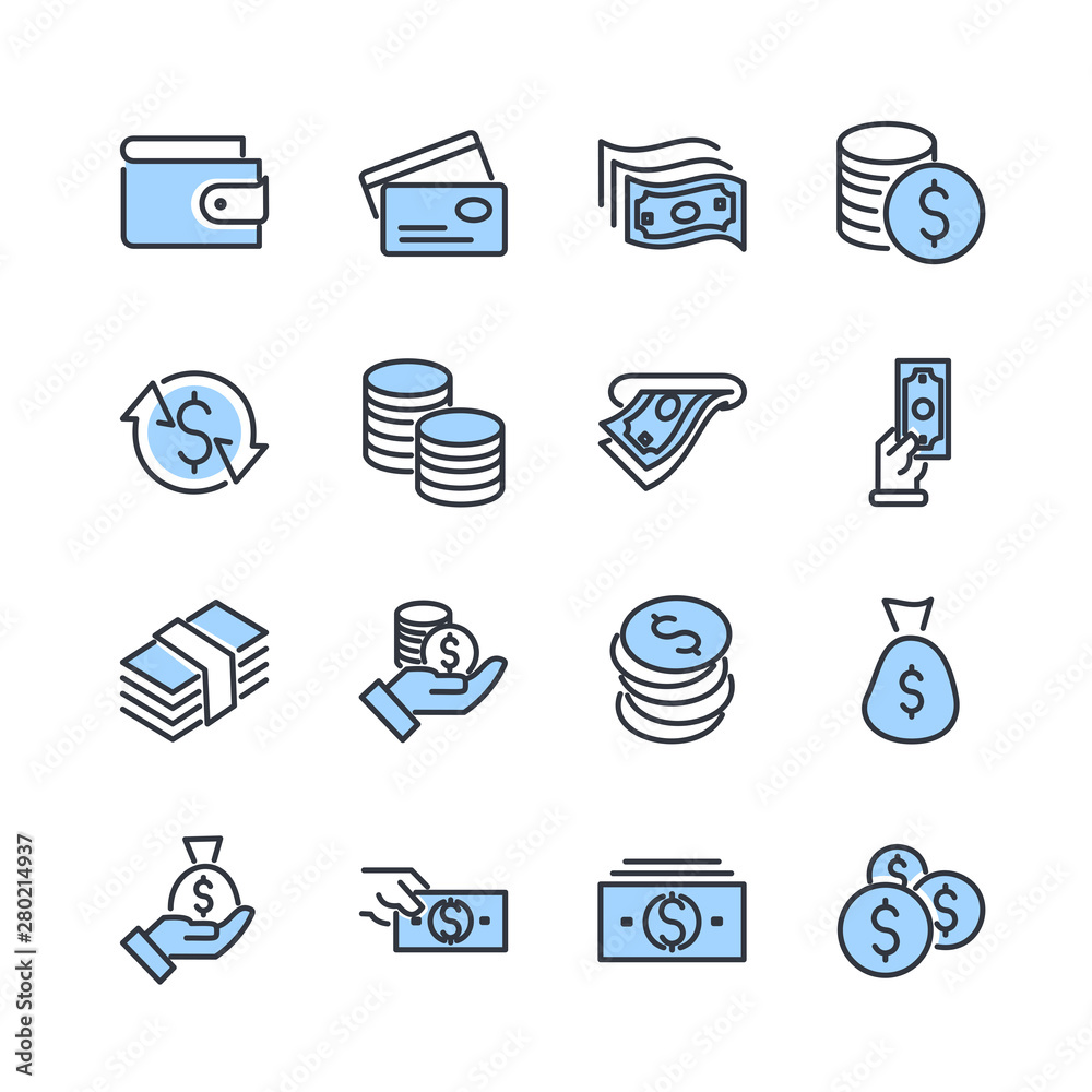 Poster simple of money related vector line icons set. wallet, atm, bundle of money, hand with a coin and mo