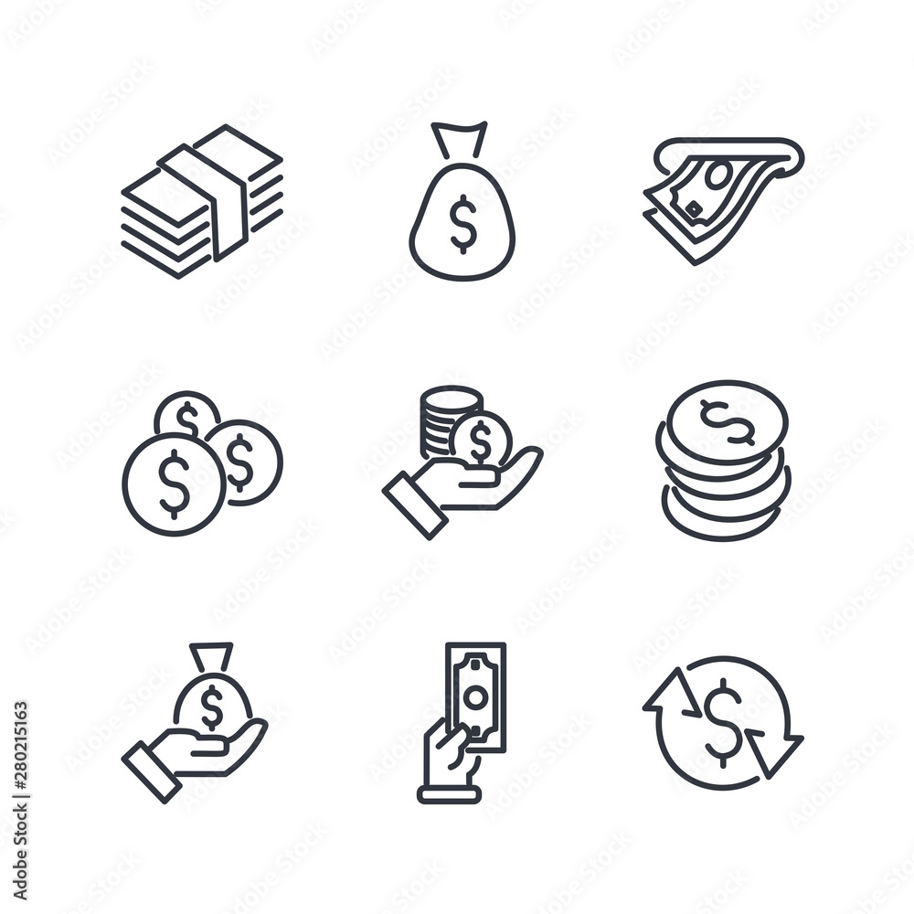 Aufkleber simple of money related vector line icons set. wallet, atm, bundle of money, hand with a coin and mo