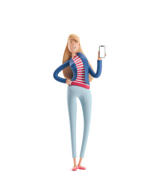 3d illustration. Young business woman Emma standing with phone on a white background.