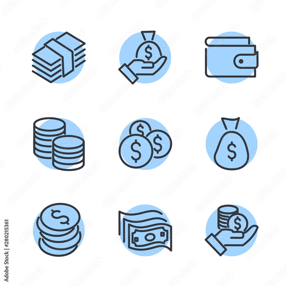 Poster simple of money related vector line icons set. wallet, atm, bundle of money, hand with a coin and mo
