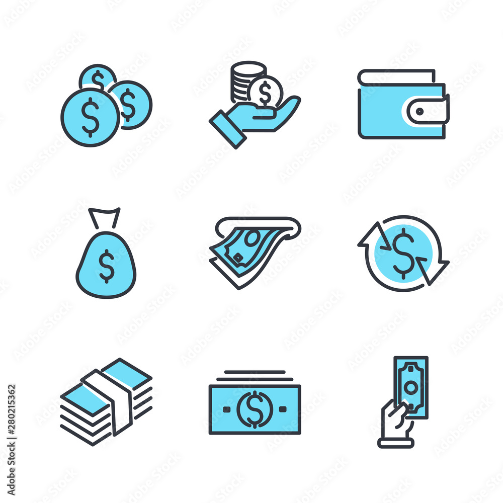 Poster simple of money related vector line icons set. wallet, atm, bundle of money, hand with a coin and mo