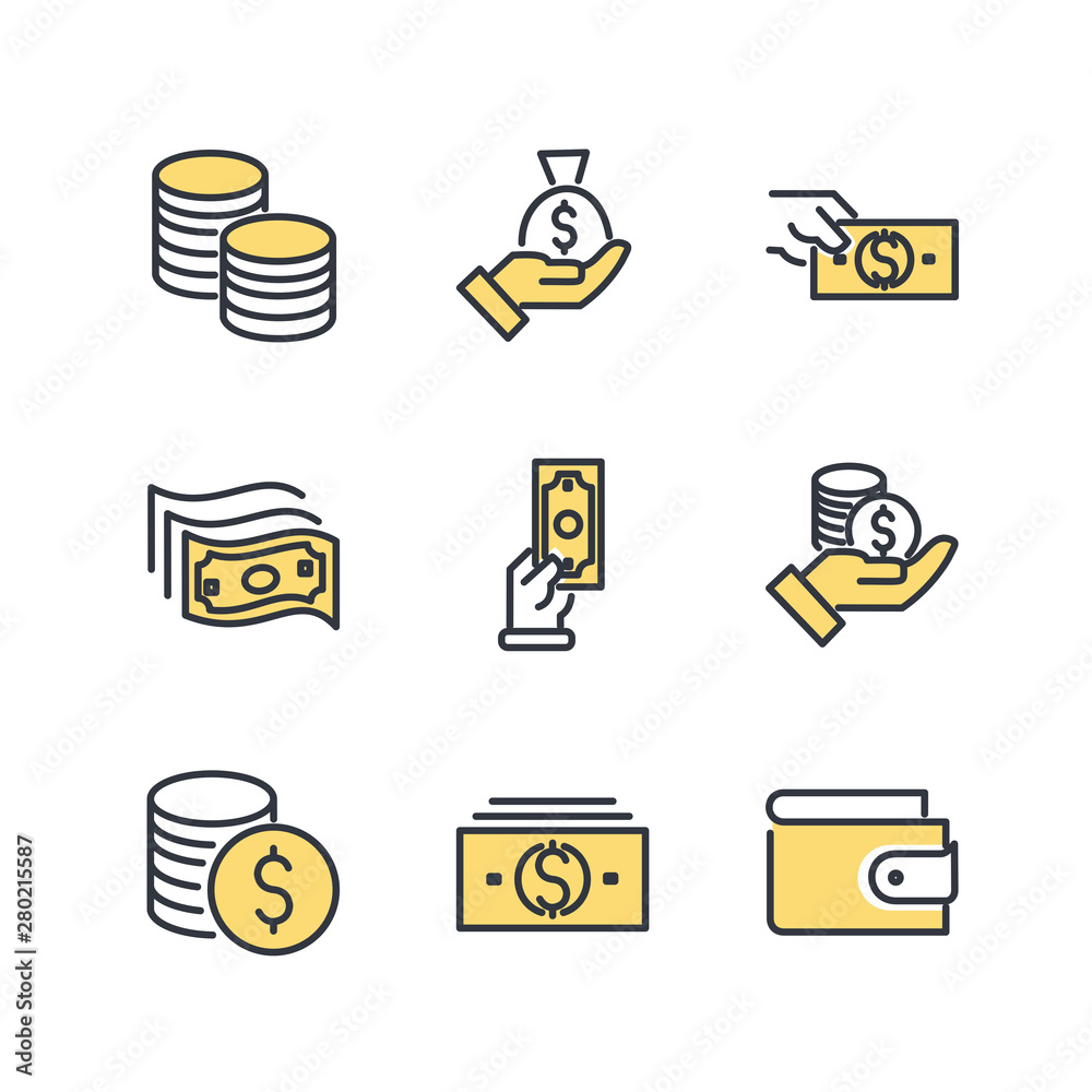 Aufkleber simple of money related vector line icons set. wallet, atm, bundle of money, hand with a coin and mo