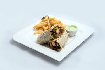 A low contrast Hero shot of a Chicken Pimiento sandwich with samurai & alger sauce & fries on the side, on a minimal white background with a 30 degree angle from diagonal perspective