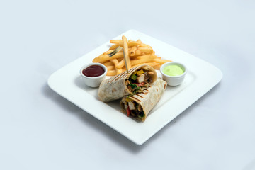 A low contrast Hero shot of a Chicken Pimiento sandwich with samurai & alger sauce & fries on the side, on a minimal white background with a 30 degree angle from diagonal perspective