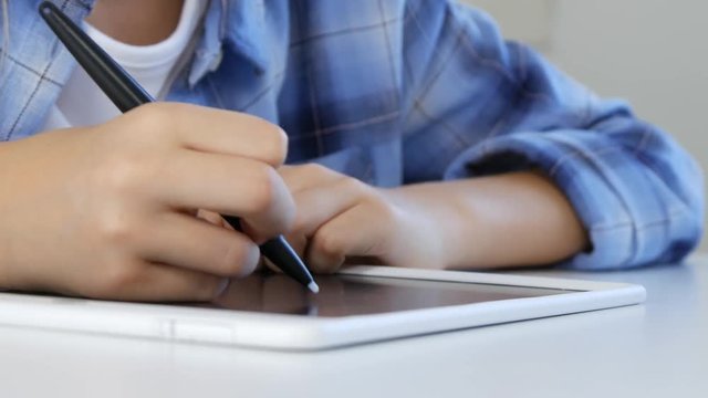 Child Studying on Tablet, Girl Writing in School Class, Learning Doing Homework
