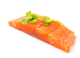 Raw salmon with coriander leaves on the White Blackground
