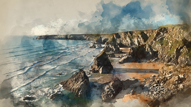 Digital watercolour painting of Stunning dusk sunset landscape image of Bedruthan Steps on West Cornwall coast in England