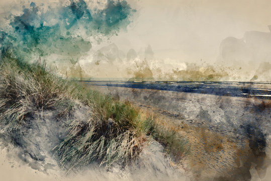 Digital watercolour painting of Summer evening landscape view over grassy sand dunes on beach with Instagram effect filter
