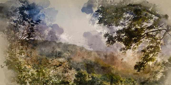 Digital watercolour painting of Dawn sun burning off dew in forest landscape creating mist among trees