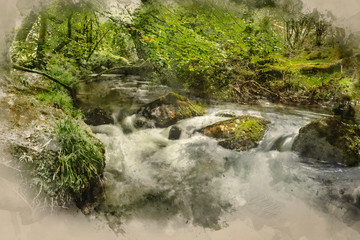 Digital watercolour painting of Stunning landscape iamge of river flowing through lush green forest in Summer