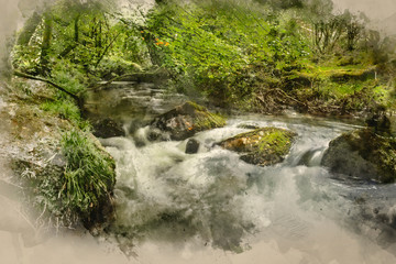 Obraz premium Digital watercolour painting of Stunning landscape iamge of river flowing through lush green forest in Summer