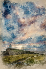 Digital watercolour painting of Twr Mawr Lighthouse on Ynys Llanddwyn Island Anglesey landscape