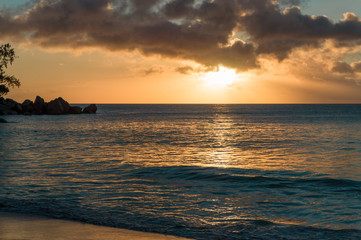 Sunset at a sandy beach in Seychelles