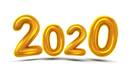 2020 New Year Greeting Card Concept Banner Vector. Glossy Yellow Air Blown Two Thousand Twenty 2020 On White Background. Invitation Xmas Party Creative Template Poster Realistic 3d Illustration