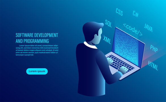 software development and coding. programming of concept. data processing. Computer code with window interface. flat isometric illustration