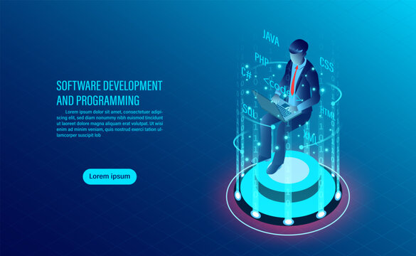 software development and coding. programming of concept. data processing. Computer code with window interface. flat isometric illustration
