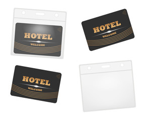 Clear plastic card holder with hotel RFID keycard, vector template. Horizontal PVC transparent badge sleeve envelope with zip lock