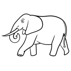 monochrome illustration of an elephant from the side with big tusks walking left. Character, scribble, outline, comic, ink, sketch, doodle, vector, illustration, line, cartoon, black, white, drawing
