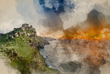 Digital watercolour painting of Landscape image of Valley Of The Rocks in Devon during Summer sunset.