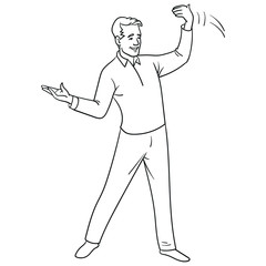 monochrome illustration of a businessman pointing at something and beckoning to himself with the other hand. Character, scribble, outline, comic, ink, sketch, doodle, vector, line, cartoon, black