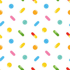 Vector seamless pattern background with colorful pills, medications in different sizes and shapes.