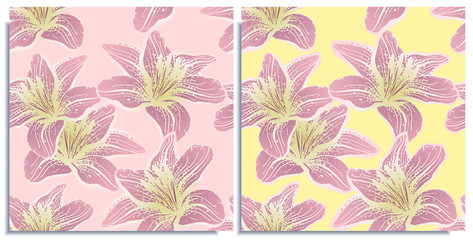 Vector set of seamless patterns with wonderful colorful lilies, hand-drawn in graphic and real-style at the same time. Delicate colors: pink, purple, yellow. Looks vintage, beautiful, holiday decor