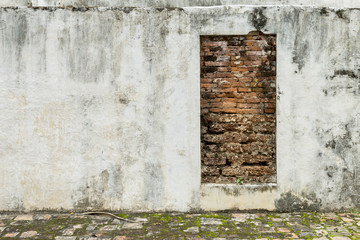 Old design cement with red brick wall backgrund, temple wall, damage old wall, ancient wall