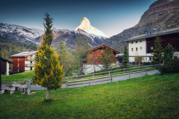 Matterhorn Mount Scenery Nature Over City Old Town of Zermatt, Switzerland., Cityscape of Countryside and Natural Mountain Range Alpine of Travel Destination in Swiss, Building/Landmark. Europe Travel