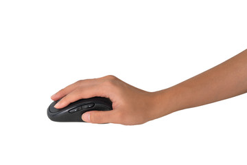 Hand holding wireless black mouse on white backgroung and clipping path