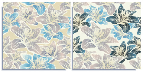 Vector set of seamless patterns with wonderful colorful lilies, hand-drawn in graphic and real-style at the same time. Delicate colors: blue, marine, ocher. Looks vintage, beautiful, holiday decor