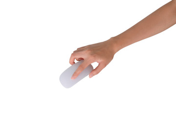 hand holding wireless white mouse on white background and clipping path