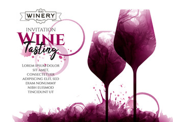 Illustration of two wine glasses with red wine stains, vector. Splashes of wine, liquid, drops, circles of glass. Drawing for wine designs. Event, party, presentation, promotion, menu, book cover.