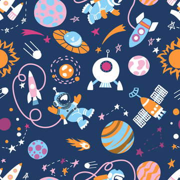 Cartoon sci-fi space background. Vector Illustration.Set of color images of an astronaut in space, UFOs, spaceships, stars. planets, comets, meteorites
