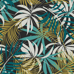 Original abstract seamless pattern with colorful tropical leaves and plants on brown background. Vector design. Jungle print. Flowers background. Printing and textiles. Exotic tropics. Fresh design.