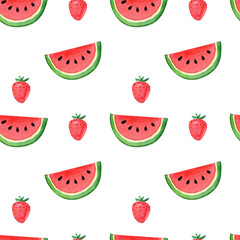 Pattern, seamless background, hand drawn watercolor juicy watermelon and red strawberry on white background. 