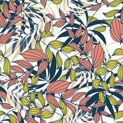 Fototapeta na wymiar Summer abstract seamless pattern with colorful tropical leaves and plants on white background. Vector design. Jungle print. Flowers background. Printing and textiles. Exotic tropics. Fresh design.