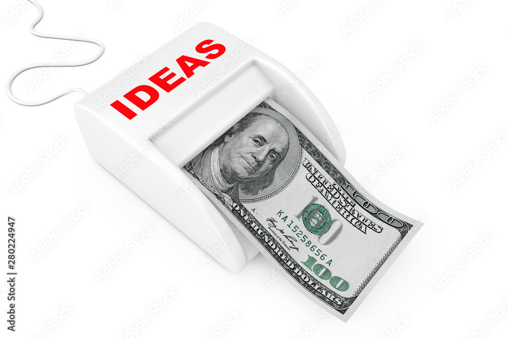 Aufkleber make money with ideas concept. money maker ideas machine with dollars banknote. 3d rendering