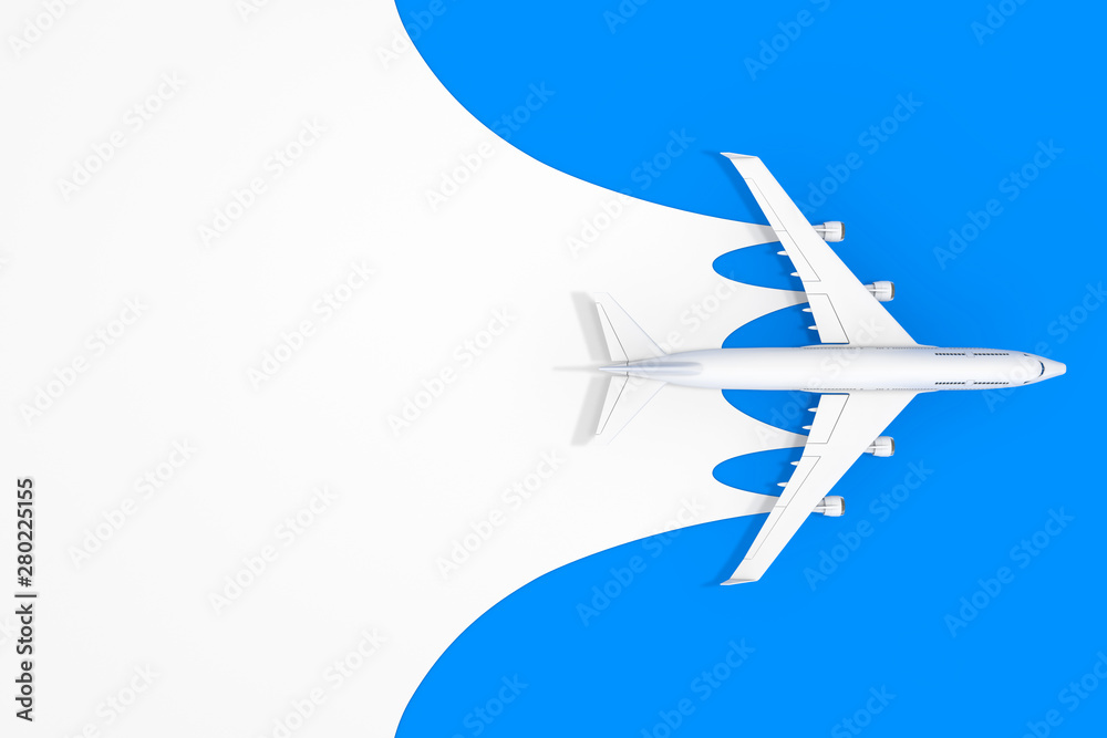 Poster Top View of White Jet Passenger's Airplane with Blank Space for Your Design Mock Up on a blue background. 3d Rendering