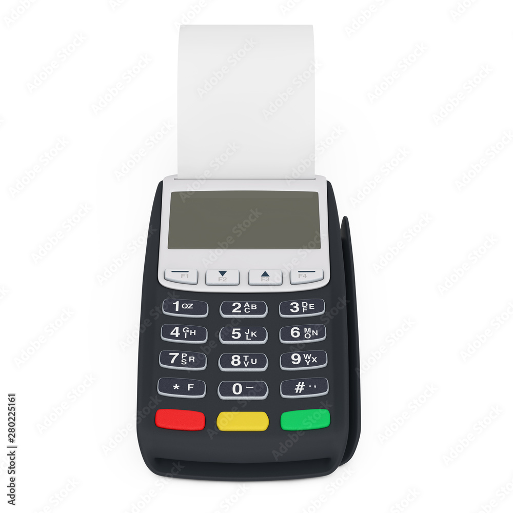 Poster bank terminal cash register pos machine for payment with blank rolled cach tape. 3d rendering