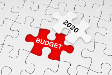 Fototapeta premium One Piece of White Jigsaw Puzzle over Plain of White Puzzle with Budget 2020 Words. 3d Rendering